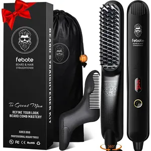 Heated Ionic Hair Straightening Brush - 5 Adjustable Temperature Settings, Anti-Scald Design, Ideal for Beard Shaping & Comes with Travel Bag