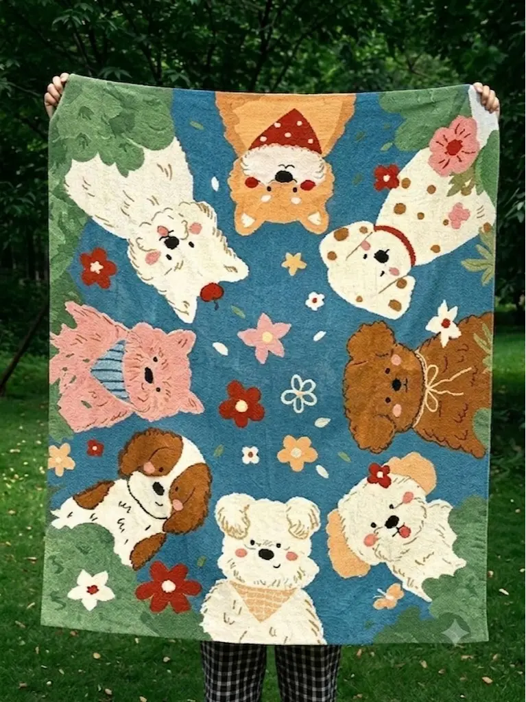 Cute Dog Woven Throw Blanket, Soft Cotton Tapestry Blanket Wall Hanging, Multi-Functional Animal Print Knitted Blanket for Couch Sofa Chair