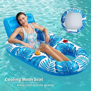 Inflatable Pool Lounger for Adults, Inflatable Pool Float with Cup Holder, Sunbathing Pool Chair with Headrest, Backrest & Footrest