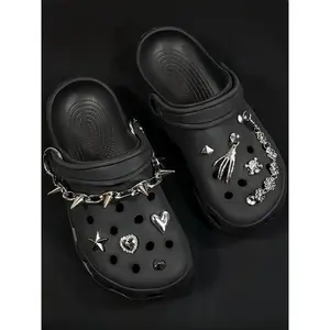 Punk Heart & Chain Shoe Charms, Hollow Out Bling Shoe Decorations for Clogs