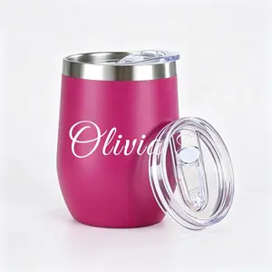 Personalized 12oz Stainless Steel Wine Tumbler With Lid- 1 Count, Double Wall Insulated Travel Coffee Tumbler, Custom Tumbler Cups For Wedding, Party, Gathering, Travel, Office, Gifts-Magenta