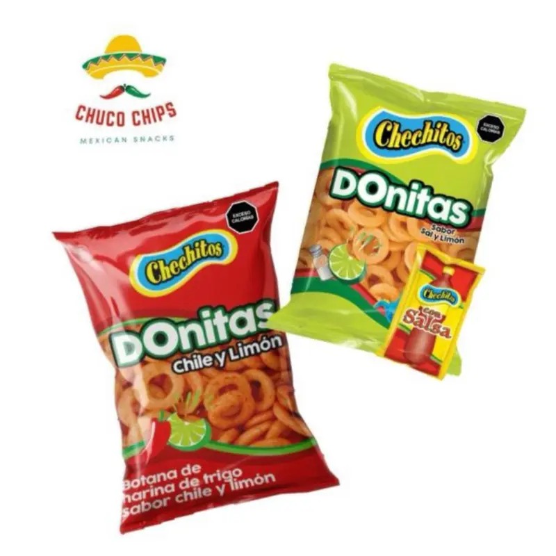 Chechitos Donitas Chile Limon or Sal y Limon . Bag with 25 bags. Net weight 300 grams . 12 grams each bag.