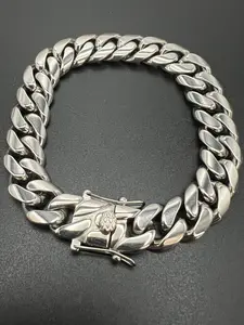 14mm Silver Color Miami Hip Hop Cuban Hand Bracelet, Bold Look, Durable Stainless Steel, Fashionable Buckle, All Seasons, Party Style, Cuban Link Bracelet