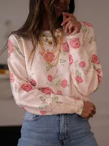 Women's Ditsy Floral Print Round Neck Sweater, Casual Fitted Long Sleeve Rose Pattern Aesthetic Jumper, Women's Knitwear Top for Fall & Winter, Womenswear
