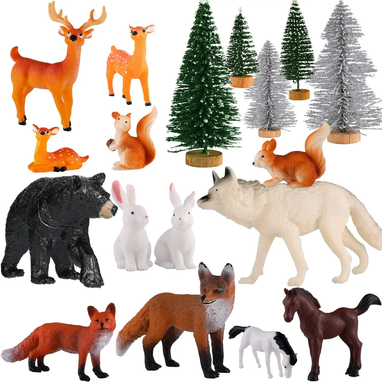 18 PCS Forest Animal Figures Toy Set with Trees Woodland Animal Figurines for Kids, Realistic Wildlife Animals Playset, Educational Pretend Play Toys for Toddlers, Classroom Learning, Diorama & Party Decorations