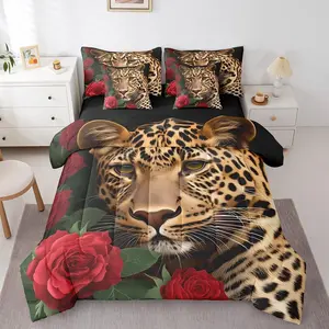Red Rose Cheetah Comforter Set,7 Piece Bed in a Bag,Big Cat Leopard Print Bedding Set,Romantic Flowers Comforter and Sheet Set,African Western Animals Room Decor