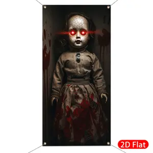 Halloween Scary Door Banner 90*180cm, Creepy Bloody Doll Pattern for Terrifying Decorations, Durable Polyester for Parties & Events