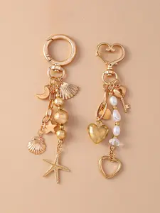 Boho Style Moon Star Sea Star Keychain, Fashion Key Ring with Pearl Shell Beads, Elegant Heart Key Holder, Baroque Bag Charm