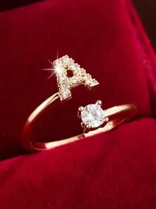 Elegant Adjustable Zircon Initial Ring, A-Z Letter Design, Perfect for Weddings & Gifts, Fashion Jewelry for Women & Girls
