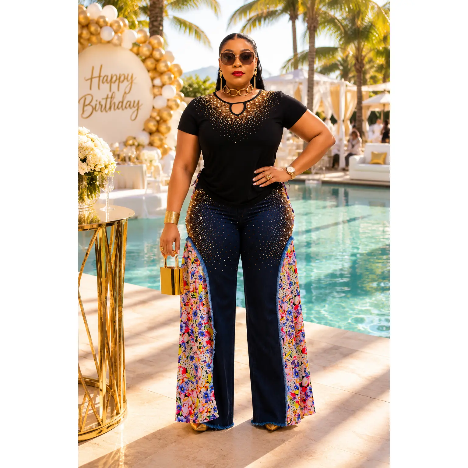 Colorful Black Denim & Diamonds 2-Piece Wide-Leg Pants Set, Crystal Rhinestone Bling Matching Stretch Jeans, Birthday Photos Party Dance Grad BBQ Concert Weekend Get-Together Outfit