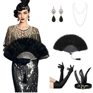 1920s Flapper Costume Set - Roaring 20s Satin Headband, Soft Crystal Headpiece, Black Marabou Feather Fan - Gatsby, Halloween Cosplay Accessory, Fits