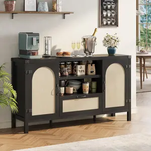 59" Black Rattan Sideboard Buffet Cabinet - Chic Farmhouse Compartment Design Drawer Storage High-Capacity Assembled Pieces Cabinet, Boho Wooden Coffee Bar Station with Open Shelves for Dining Room, Living Room, Compartment Design Sideboards, Drawer Stora