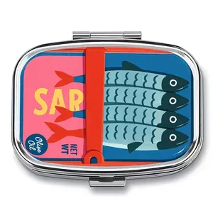 Retro Sardine Can Print Pill Box, Vintage Style Portable Metal Pill Case with Mirror, Dual Compartment Organiser for Gifts, Vitamin Organizer