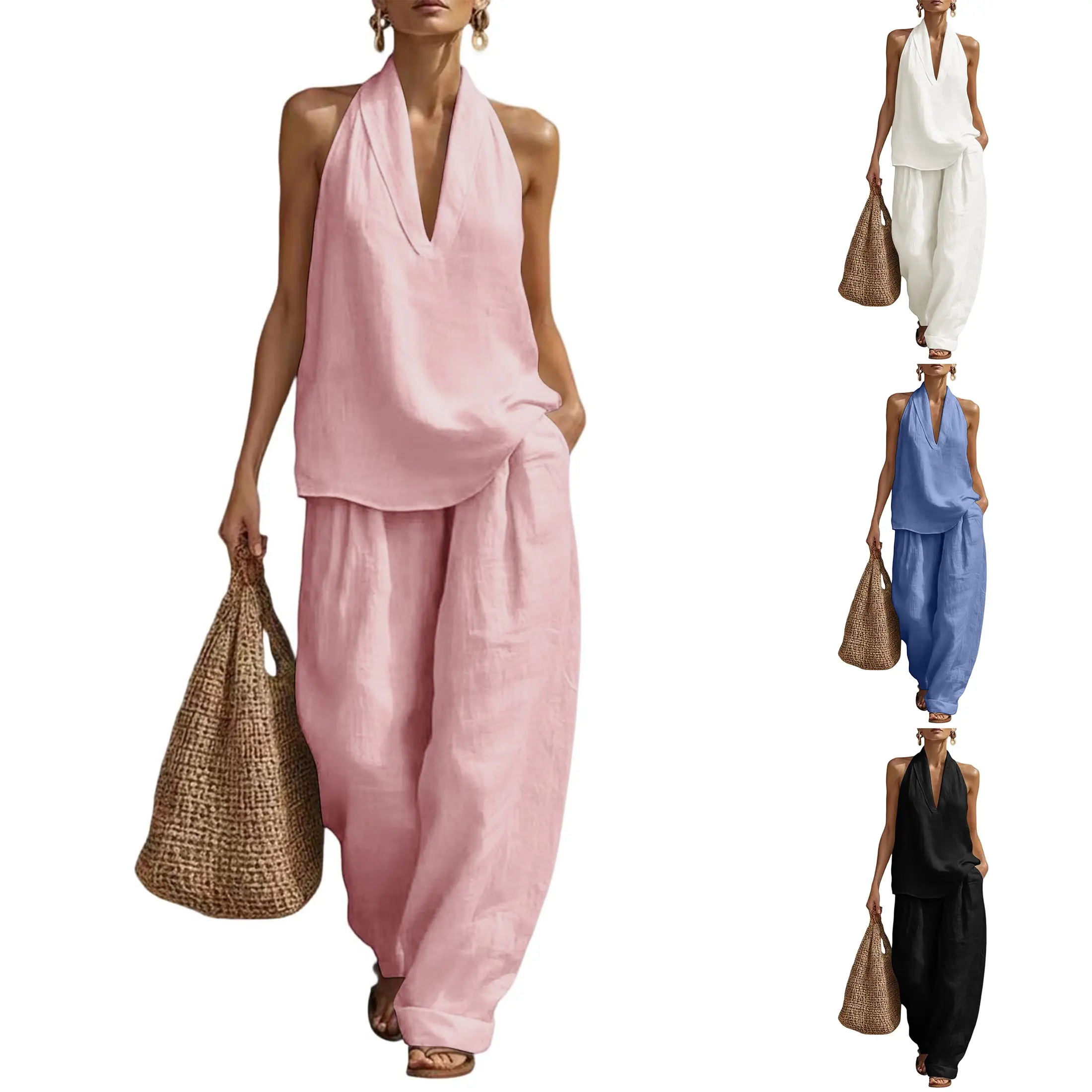 UANEO Womens Summer 2 Piece Sets for Women V Neck Halter Tops and Pants Set Lightweight Two Piece Linen Lounge Sets with Pockets