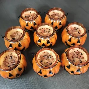 Jack-o-lantern Candle, Pumpkin Spice Latte, Halloween, Decorated Wooden Wick Jar Autumn
