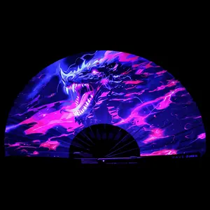Dragonfire UV-Reactive Hand Fan | Foldable Bamboo Ribs | Premium Polyester Fabric | Matching Holster | Rave Fan | Festival Fan Decor Light Accessory Foldable Wooden Cooling Foldable Cooling Wooden