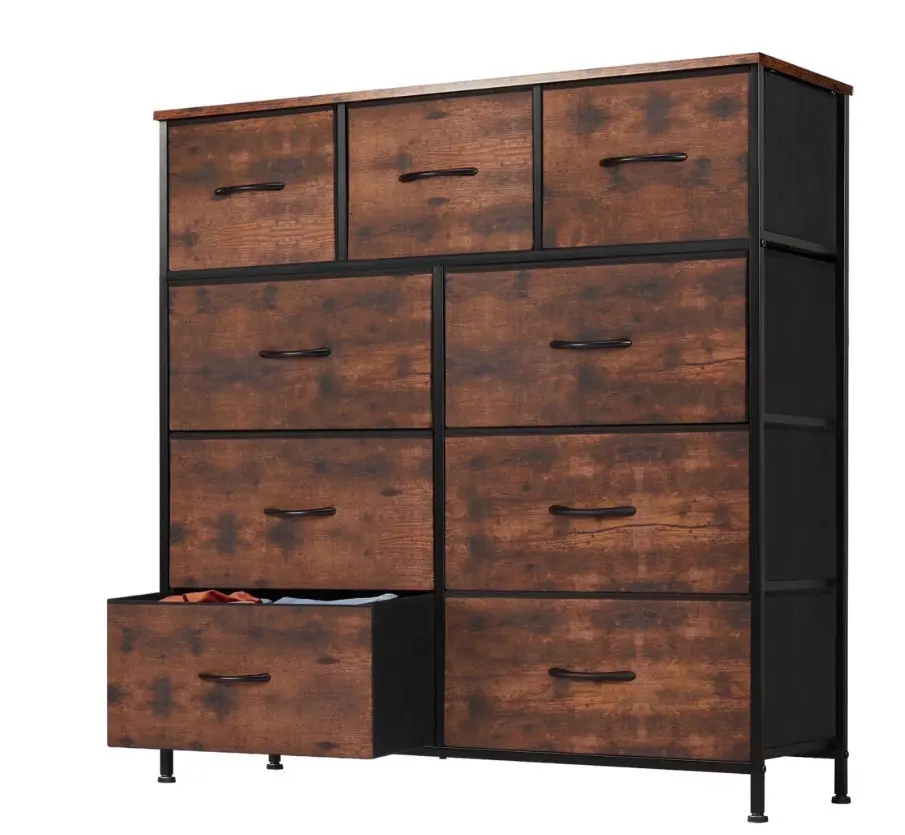 9 Drawer Dresser, Wide Chest of Drawers Nightstand Storage Tower Storage Fabric Dresser with Wood Top for Living Room, Bedroom, Hallway,Rustic Brown