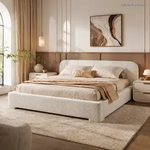 Cozy White Bounce Upholstered King Size Bed Frame - ARCH Design, Birch Wood Construction, Easy Setup, Minimalist Bedroom Decor, Queen Bed Frame Option