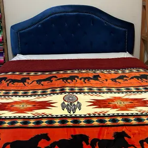 Aztec Horse Burgundy Sherpa King Size Blanket  (8lbs)