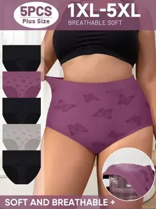 Women's Plus Size Underwear Set, Soft Breathable Butterfly Triangle Panties, Summer Thin High Elasticity Ladies Briefs, Pack of 5