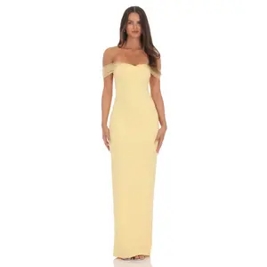 Tulle Off Shoulder Sleeve Maxi Dress in Yellow