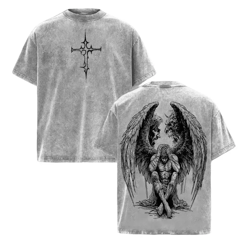 Men's Short-Sleeve Loose Vintage Acid Wash Cotton Graphic T-Shirt, Gothic Cross Print, Fallen Angel Printed Unisex Tee