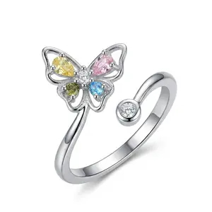 Adjustable Silver-Plated White Copper Butterfly Ring - Open Band, Colorful Gemstones, CZ Accents, Floral Wire Craft, Lightweight Delicate Casual Daily Wear Costume Jewelry