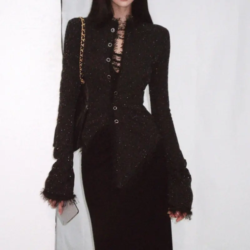 2025 New Women's Feminine Black Shiny Stretch Thin Tweed Polyester Breathable Blazer - Waist-Slimming, Irregular Sleeves, Fit & Elegance, Autumn-Winter Formal Cocktail Party Accessory (Festive & Party Supplies, Casual Use), Dress