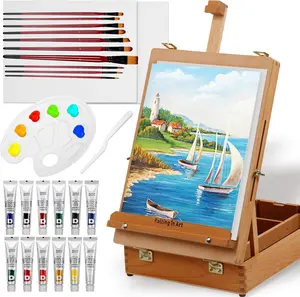 Falling in Art Beechwood Easel Box Set, 27 Pcs Tabletop Acrylic Paint Set, Portable Display Easel Stand with 12 Acrylic Paints, Canvas Panels and Brushes, Suitable for Beginners and Professionals