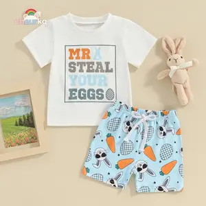 Toddler Boys Easter Outfits Letter Print Short Sleeve T-Shirt and Elastic Shorts for 2 Piece Vacation Clothes Set