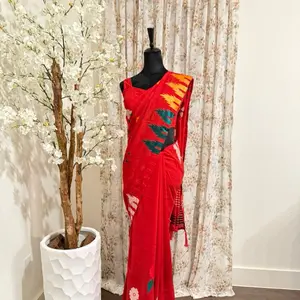 Red Dhaka Print Georgette Saree with Blouse Size 36- Traditional Red Saree with Geometric Design