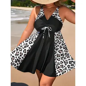 Plus Size Two-Piece Set Leopard Patchwork Print Drawstring Tankini Set, Fashion V Neck Swim Top & High Waist Swim Bottom, Women's Swimsuit for Summer Beach Holiday, High Waisted Tankini
