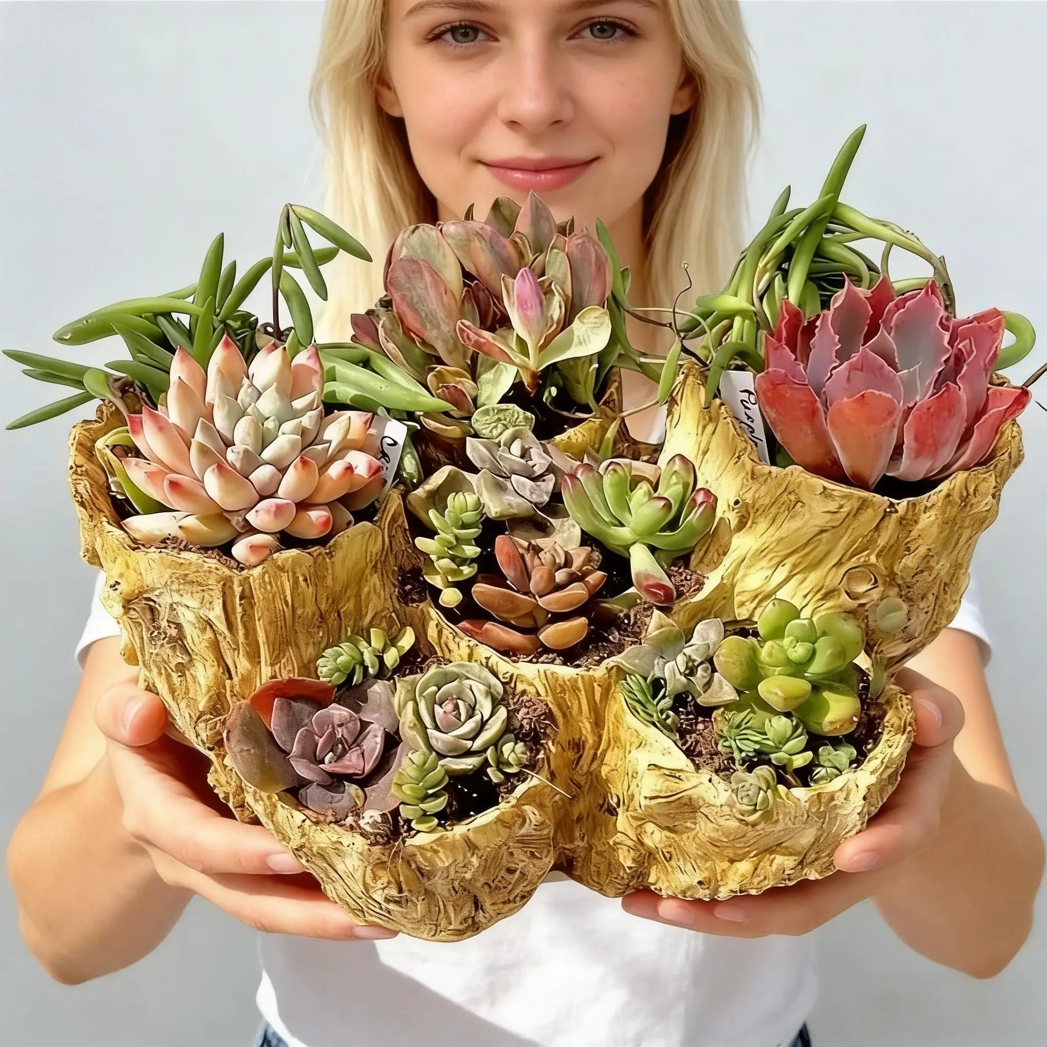 Creative Vintage Tree Stump Planter Pot, Resin Planters, Succulent Planter, Indoor Planters, Flower Pot, Small Six-Hole Plant Container for Living Room Bedroom Office Desk Decor, No Plants Included