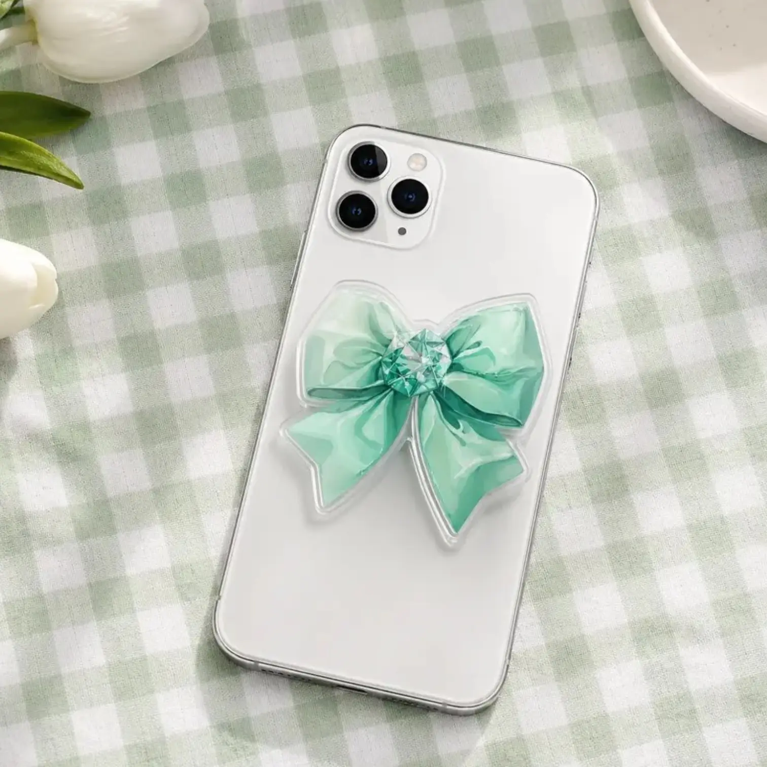 Coquette Bow Diamond Magnetic MagSafe Ring Stand Phone Grip, Green Aesthetic Acrylic Phone Mount, Pop Socket Durable Y2K Girly Accessory