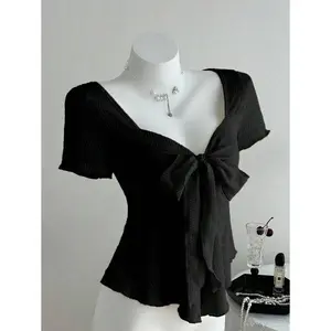 Elamini New Casual Vacation V-Neck Tie Bow Textured Fabric Fitted Women Short Sleeve T-Shirt, Spring/Summer Blouses Tops Womenswear Basic