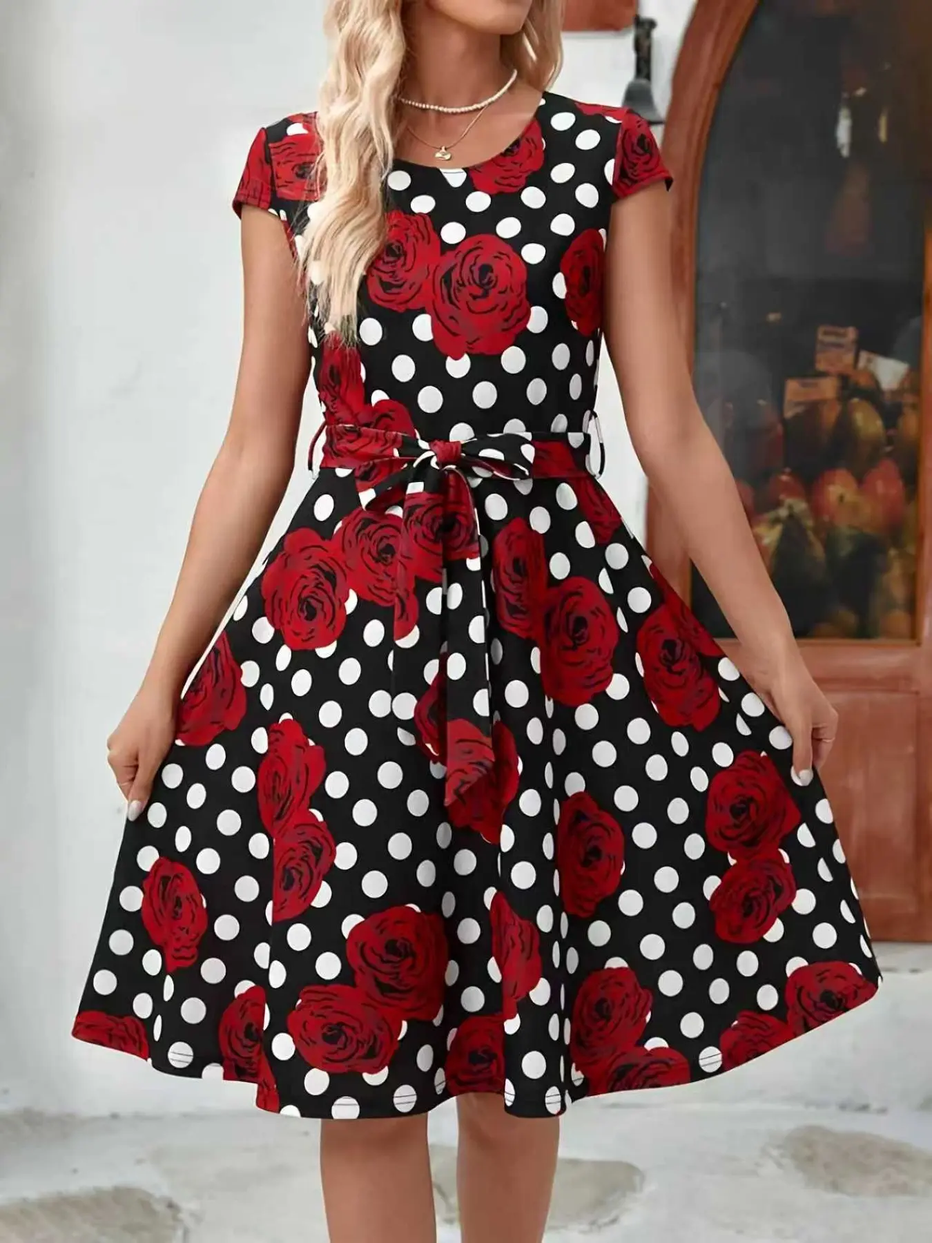 Women's Summer Fashion Dress, Short Rose Print Elegant Waist Belt Design, New European Style Casual Wear, Perfect for Daily Elegance, Womenswear, Casual Chic Dress