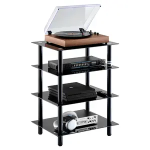 VEVOR 4-Tier AV Media Stand, Audio/Video Stand with Strengthened Tempered Glass Shevles for DVD/Cable Boxes/Games Consoles, Height Adjustable Media Storage Cabinet for Recording Room Organiser Rack