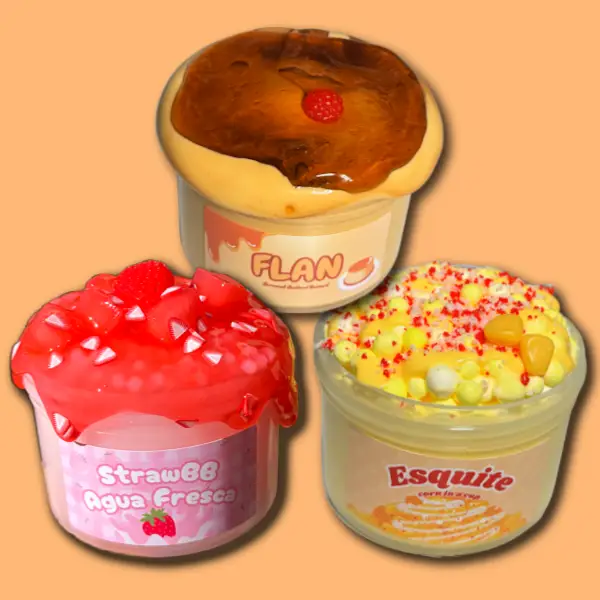 3 Pack Slime Mexican Snacks! DIY Esquite, Flan Dessert, Fresas Agua Fresca, Full Size 3 Pack Slimes