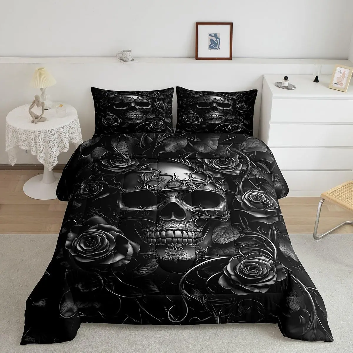 Feelyou Gothic Queen Comforter Set - Vintage Victorian Gray Rose Floral Print Quilt with Spooky Grunge Skull Skeleton Design, Machine Washable Bedding for Teens, Bedding Sets