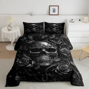 Gothic Bedding Set for Adluts Kids Teens,Goth Skull Comforter Set,Vintage Victorian Romantic Gray Rose Floral Quilt,Spooky Grunge Skeleton Bedding