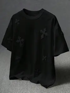 Men's Cross Stitch Embroidered Solid Color Round Neck T-Shirt, Casual Fit Streetwear, Casual Fitted Long Sleeve Top for All Seasons, Sporty College Style