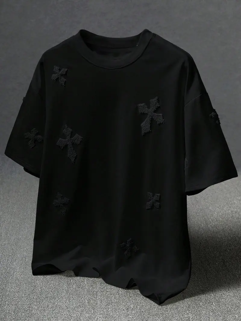 Men's Cross Stitch Embroidered Solid Color Round Neck T-Shirt, Casual Fit Streetwear, Casual Fitted Long Sleeve Top for All Seasons, Sporty College Style