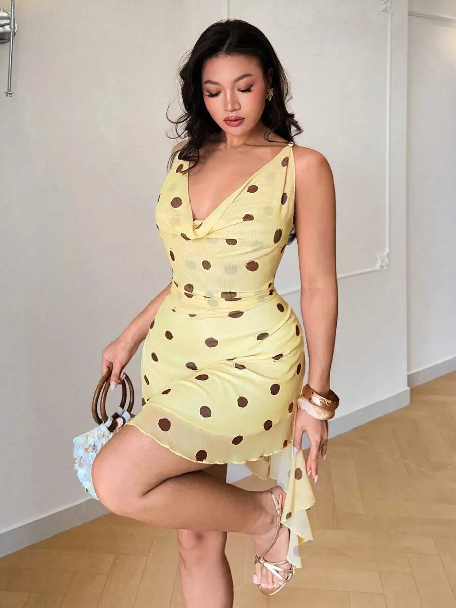 HANNA x Auralis Plus Size Women's Yellow Summer Print Classy 90s 1950s Vintage Vacation Mini Dress, Personalized Chic Sexy Elegant Y2K Style For Party, Bar, Prom
