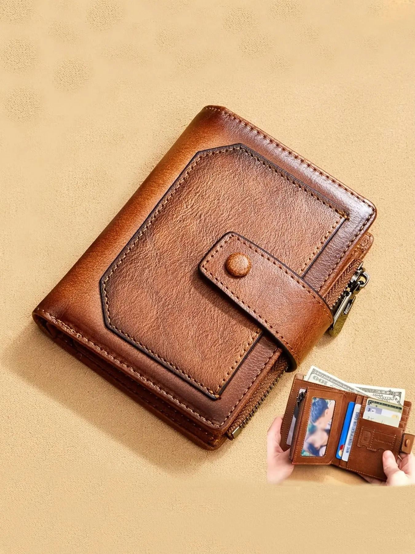 Men's RFID Blocking Wallet, Vintage Genuine Leather Design, 9 Card Slots & Zipper Coin Pocket, Ideal Christmas Gift