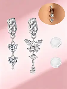 2-Piece Cubic Zirconia Non-Piercing Belly Ring Set, Heart/butterfly Design Clip-On Fake Navel Rings, Party Night Club Accessories