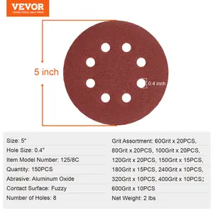 VEVOR 150 PCS 5 Inch Sanding Discs Set, 8-Hole Round Hook and Loop Sandpaper for Orbital Sander, 10 Grits include 60, 80, 100, 120, 150, 180, 240, 320, 400, 600 Grit, for Metal, Wood, Car Sanding