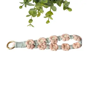Blue and Pink Flower Macrame Wristlet Keychain