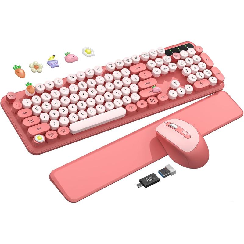 Wireless Keyboard and Mouse Combo, Typewriter Keyboard with Detachable Wrist Rest, Full-Size Retro round Keycaps, Smart-Sleep, 2.4Ghz Stable Connection for Mac/Windows/Pc, Trueque(Blush Pink)