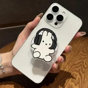 Cute Bunny with Headphones MagSafe Phone Grip – Kawaii Animal Magnetic Pop Socket & Kickstand – iPhone Accessory Gift for Music Lovers