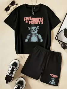 Five Nights At Freddy's Retro Pop Art Printed Children's Unisex Fit Short-Sleeved Set - Summer Casual Comfortable Fashion Daily Outdoor Versatile T-Shirt Set With Shorts - The Best Gift Choice